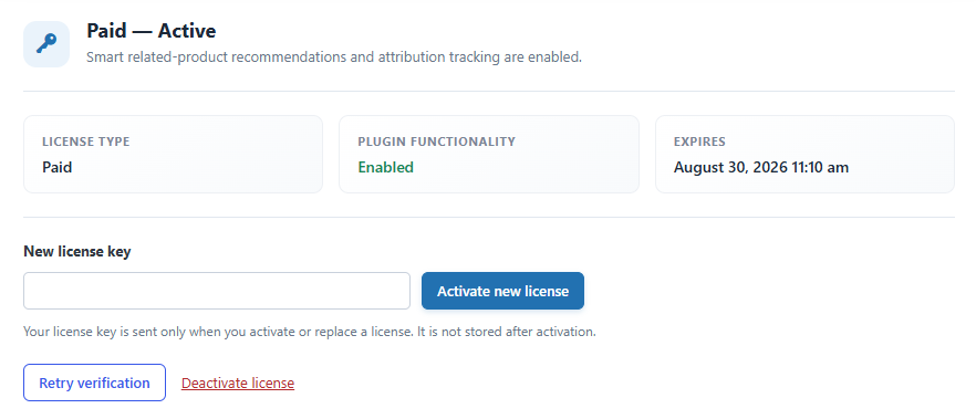 Smart Related Products License screen showing a paid active license, enabled plugin functionality, an expiry date, and license management actions.