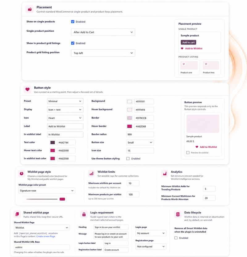 Advanced Wishlist settings for placement, button style, page design, limits, analytics, sharing, login requirements, and data lifecycle