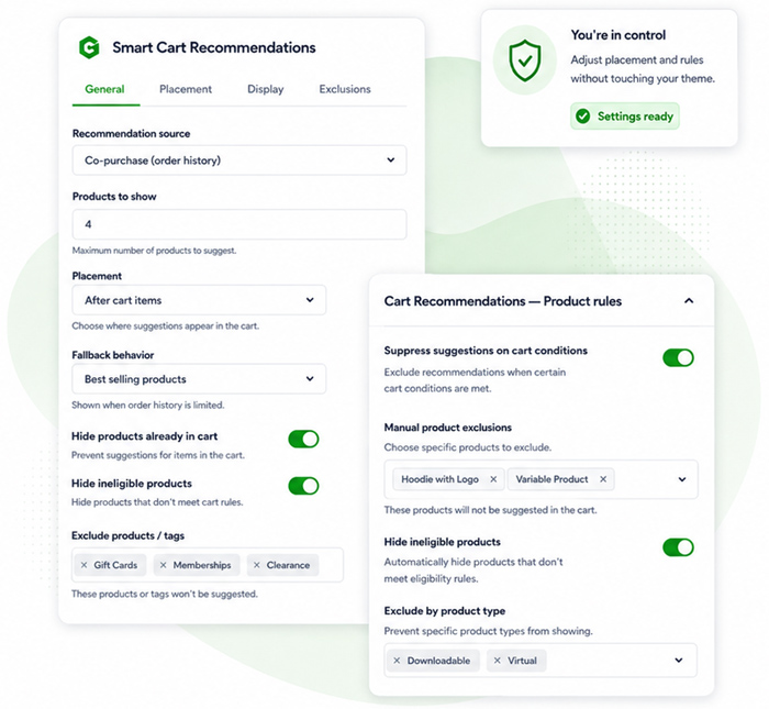 Smart Cart Recommendations settings with Cart placement, display controls, exclusions, and product rules