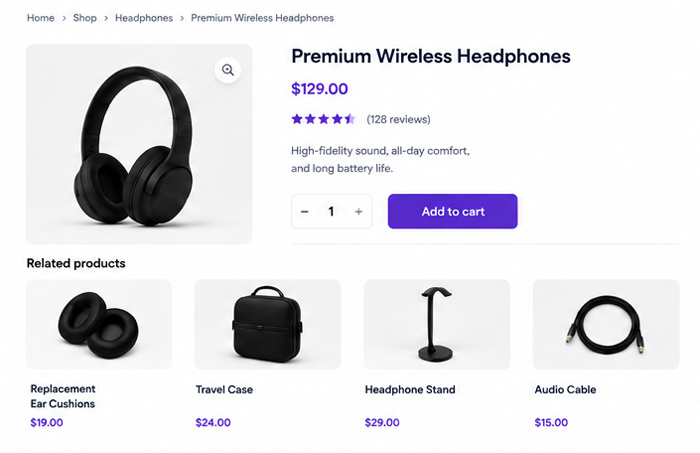WooCommerce product page with related products displayed in the store's native layout