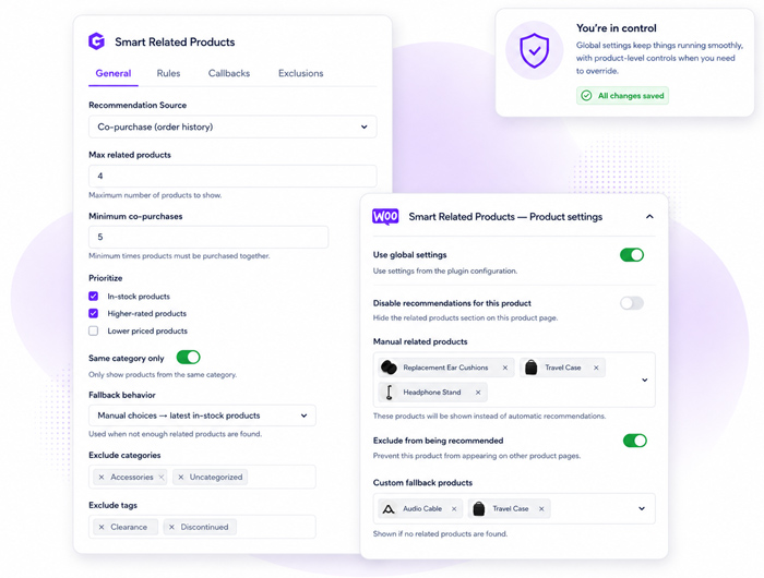 Smart Related Products global recommendation settings and product-level controls